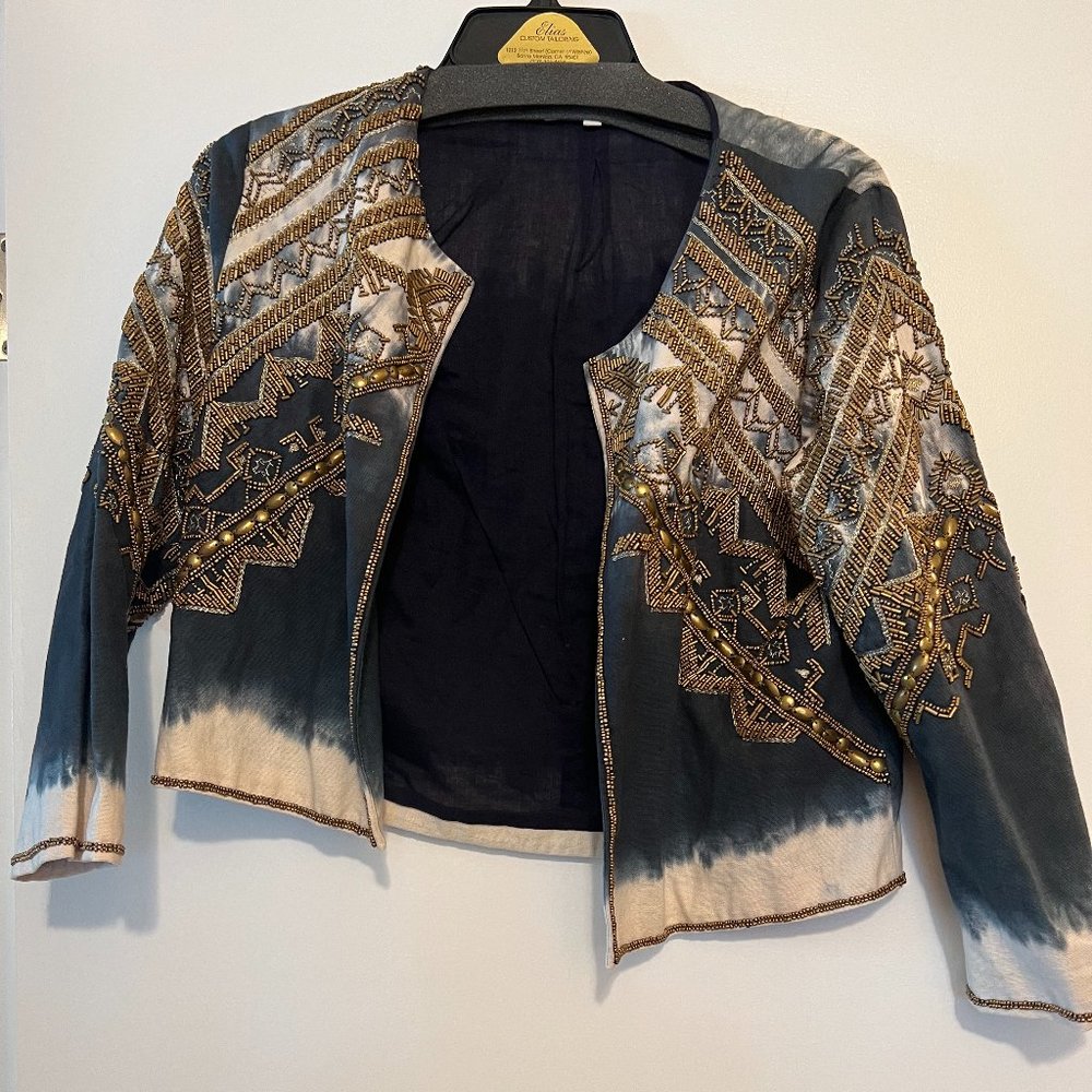 Blue & white tie dye cropped jacket with gold embroidery. Size Small.